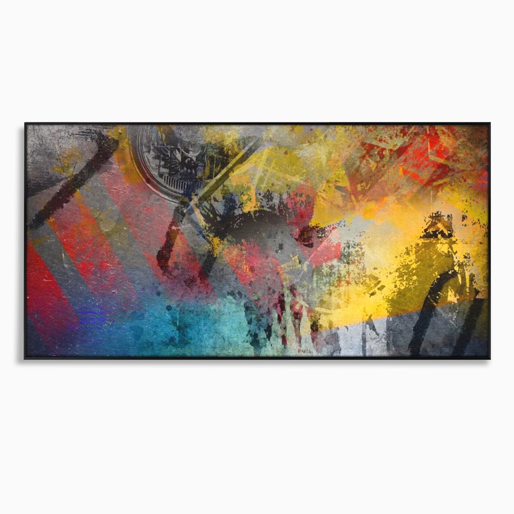 Tablou canvas cu pictura abstracta cu pete vibrante, in rama de aluminiu negru